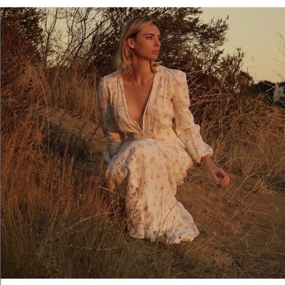 Reformation Dresses & Skirts - Reformation Linen Floral Maxi Dress Small Puff Sleeve Smocked Waist Cream Ivory